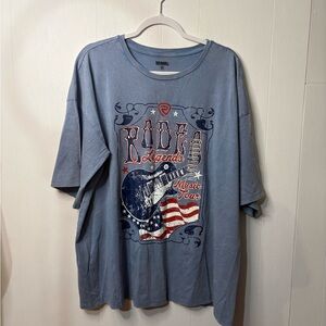 Blue Graphic T-Shirt with Guitar and Flag Design